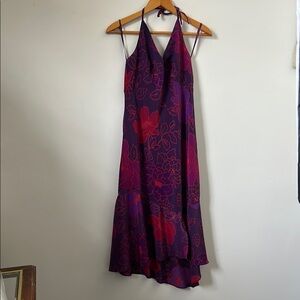 Express VTG Y2K Elegant Purple Floral Halter Midi Dress Slit Babydoll Romantic